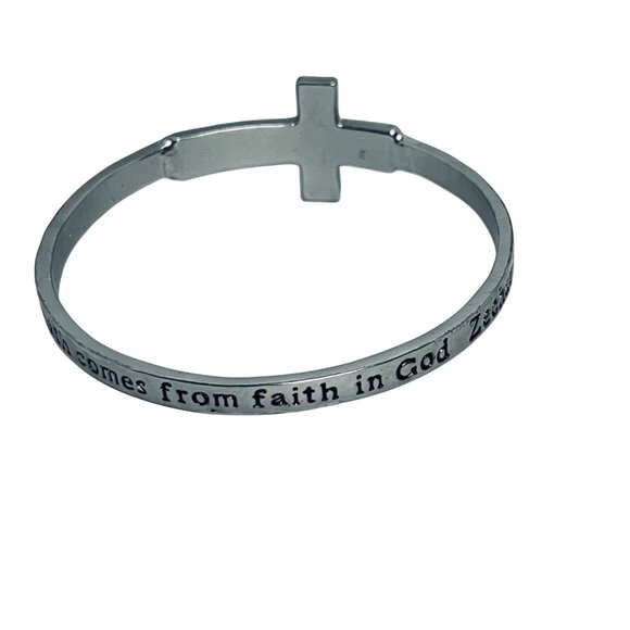 Silver & Gold Tone Cross Bangle Bracelet With Zechariah 12:5 Bible Verse (5793) - Picture 4 of 5